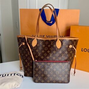 🌹Authentic Louis Vuitton Cherry Red Neverfull MM Tote Set